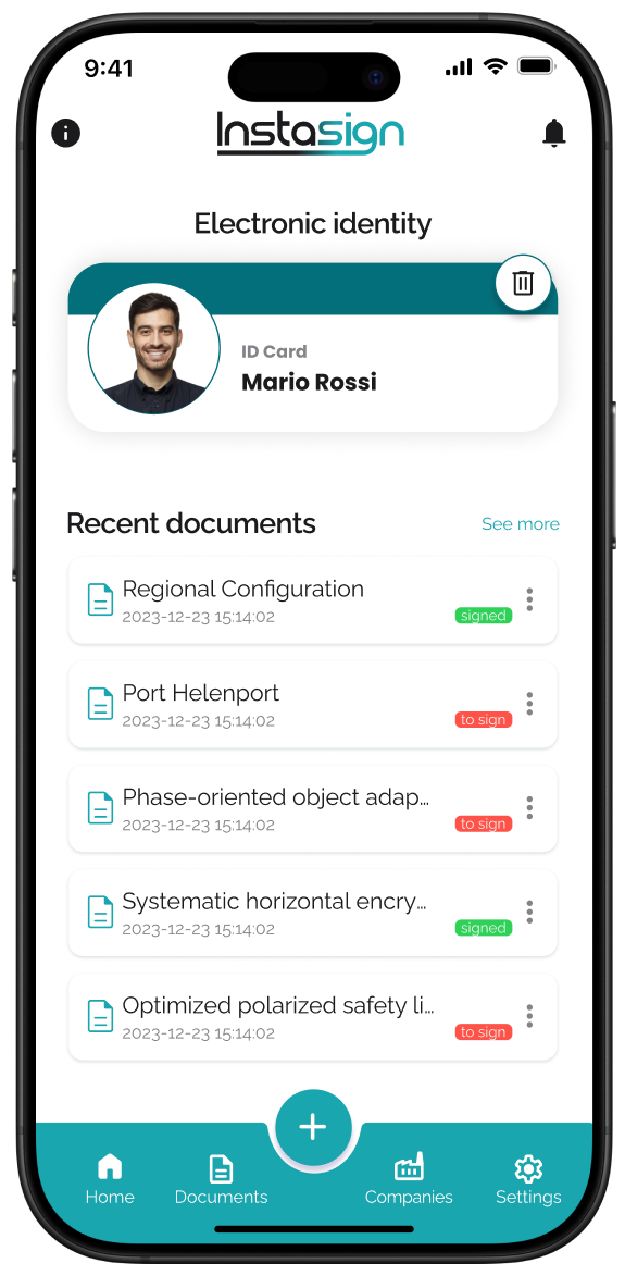 Instasign mobile app interface showing document signing features