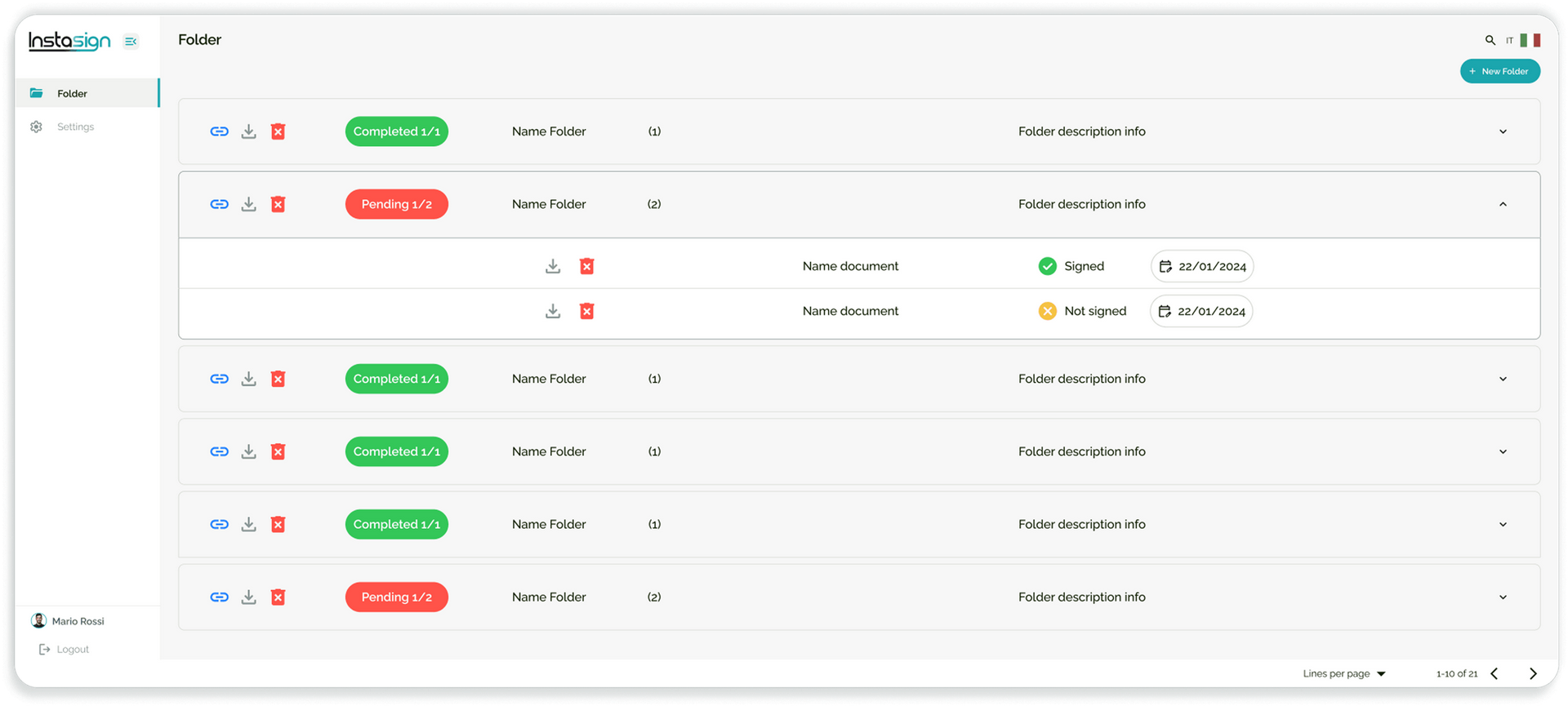 Anteprima della dashboard Instasign con funzioni attive come firma, invio